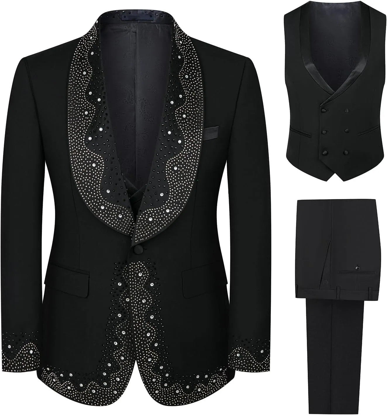 3 Pieces Prom Tuxedo for Men Groom Wedding Suits Luxury Diamonds Shawl Lapel Blazer Jacket Vest Pants Party Sets