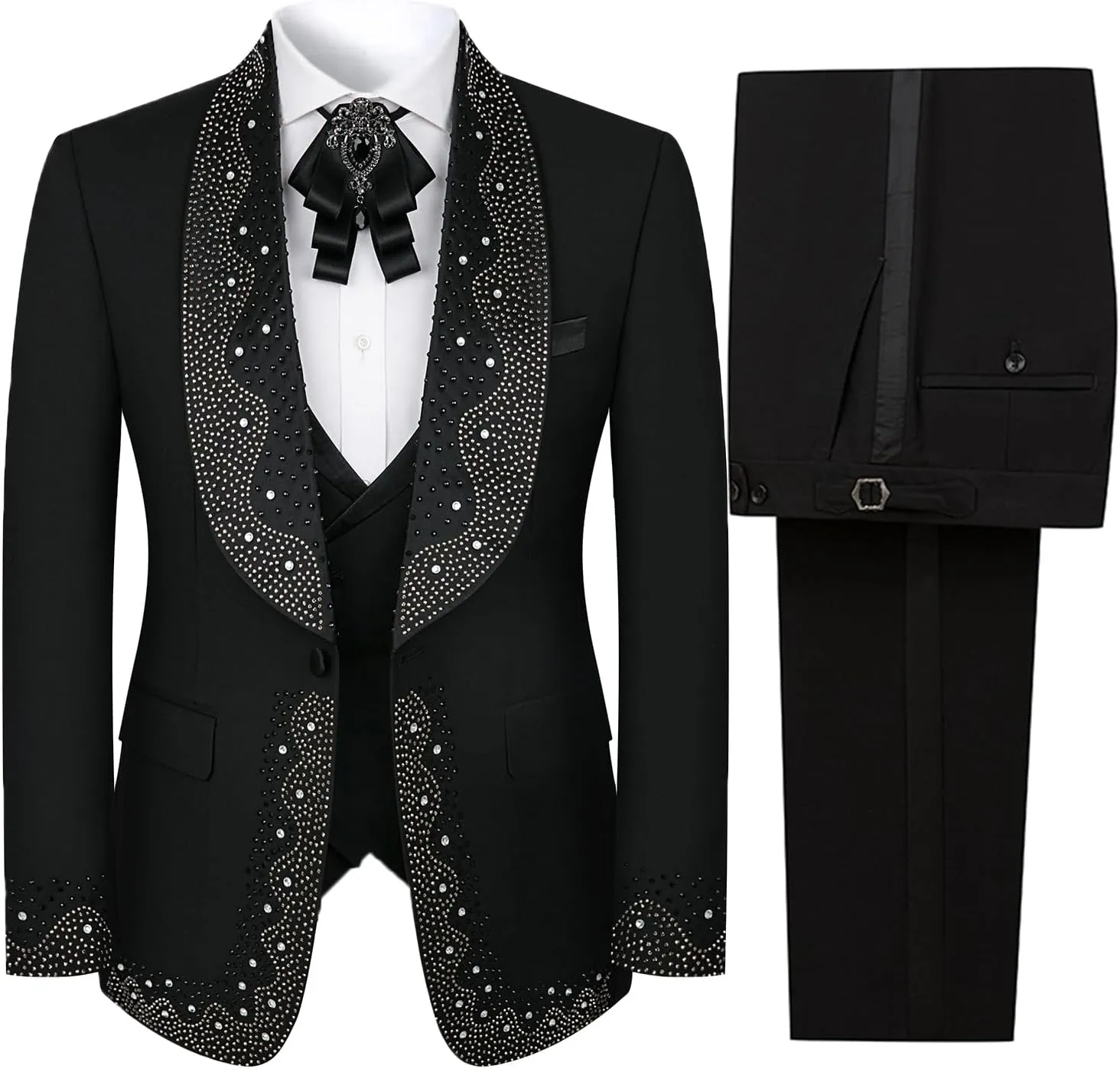 3 Pieces Prom Tuxedo for Men Groom Wedding Suits Luxury Diamonds Shawl Lapel Blazer Jacket Vest Pants Party Sets