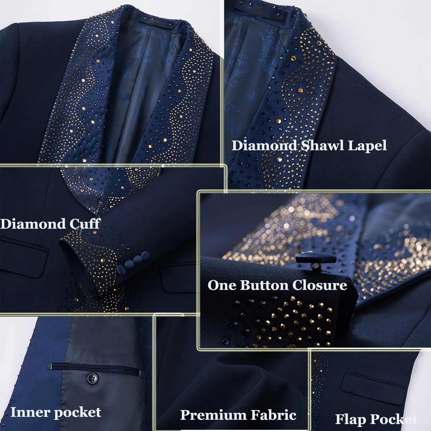 3 Pieces Prom Tuxedo for Men Groom Wedding Suits Luxury Diamonds Shawl Lapel Blazer Jacket Vest Pants Party Sets
