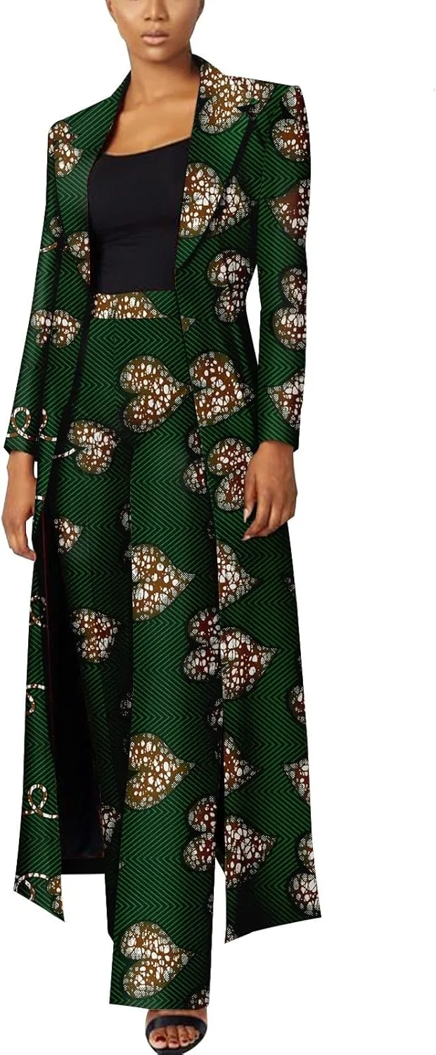 African Women Set 2 Piece Suit Traditional Long Sleeve Jacket Coat and Pants Ankara Print Office Business Causal Wear