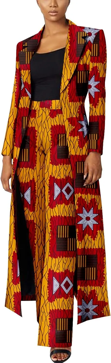 African Women Set 2 Piece Suit Traditional Long Sleeve Jacket Coat and Pants Ankara Print Office Business Causal Wear