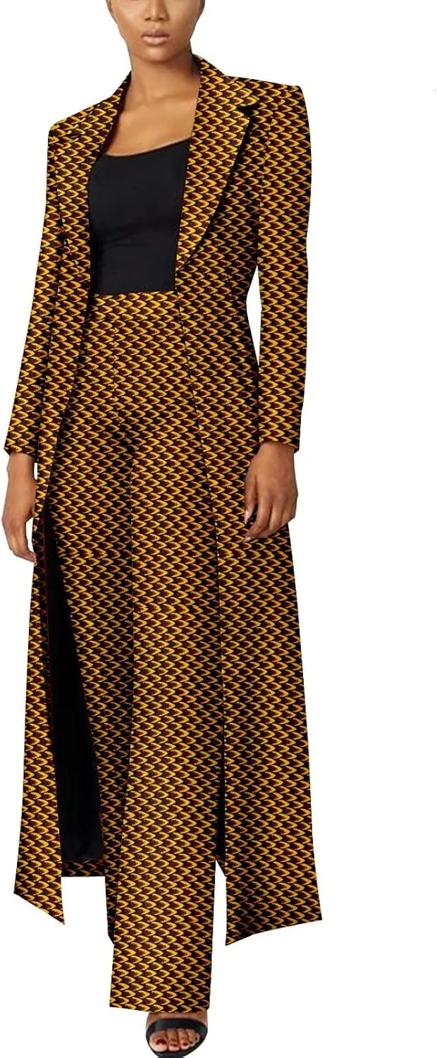 African Women Set 2 Piece Suit Traditional Long Sleeve Jacket Coat and Pants Ankara Print Office Business Causal Wear