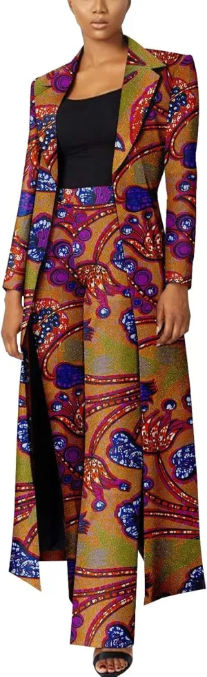 African Women Set 2 Piece Suit Traditional Long Sleeve Jacket Coat and Pants Ankara Print Office Business Causal Wear