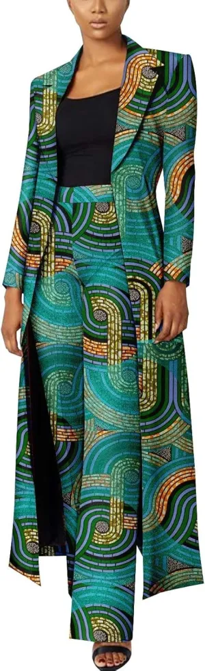 African Women Set 2 Piece Suit Traditional Long Sleeve Jacket Coat and Pants Ankara Print Office Business Causal Wear