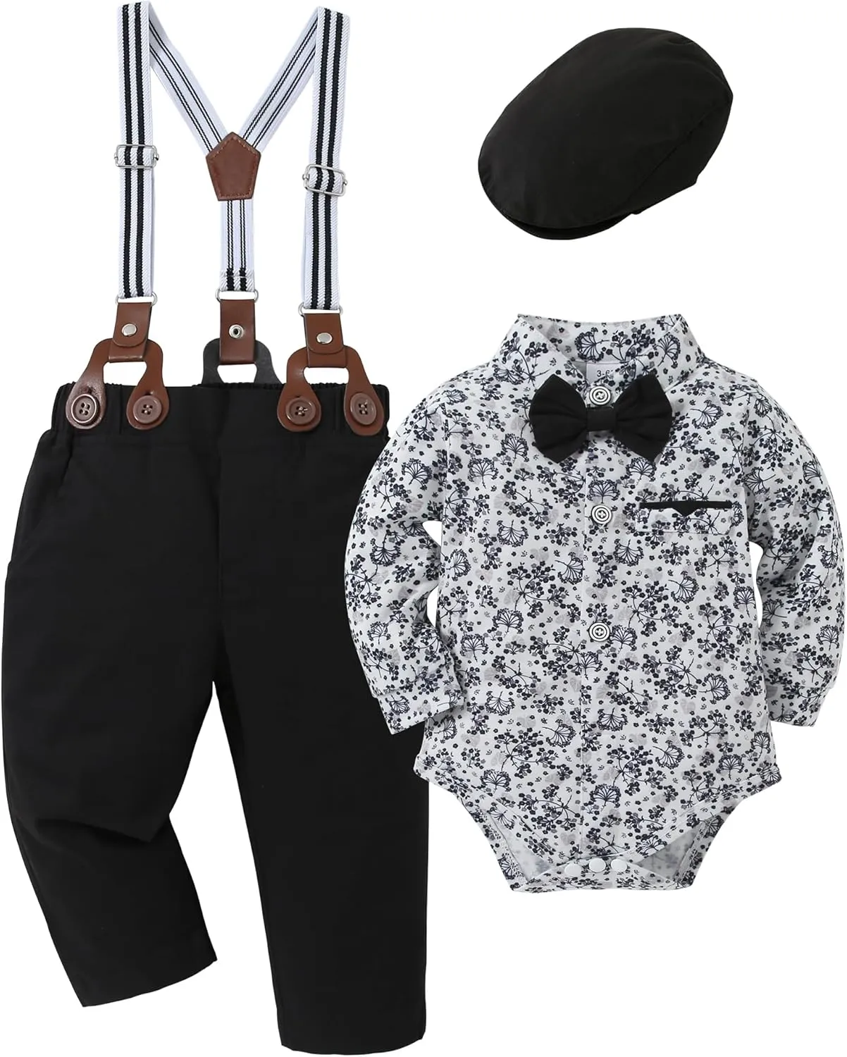 Baby Boy Clothes Suits 0-24M Infant Gentleman Outfit Long Sleeve Dress Shirt Suspender Pants Bowtie Beret Wedding Set
