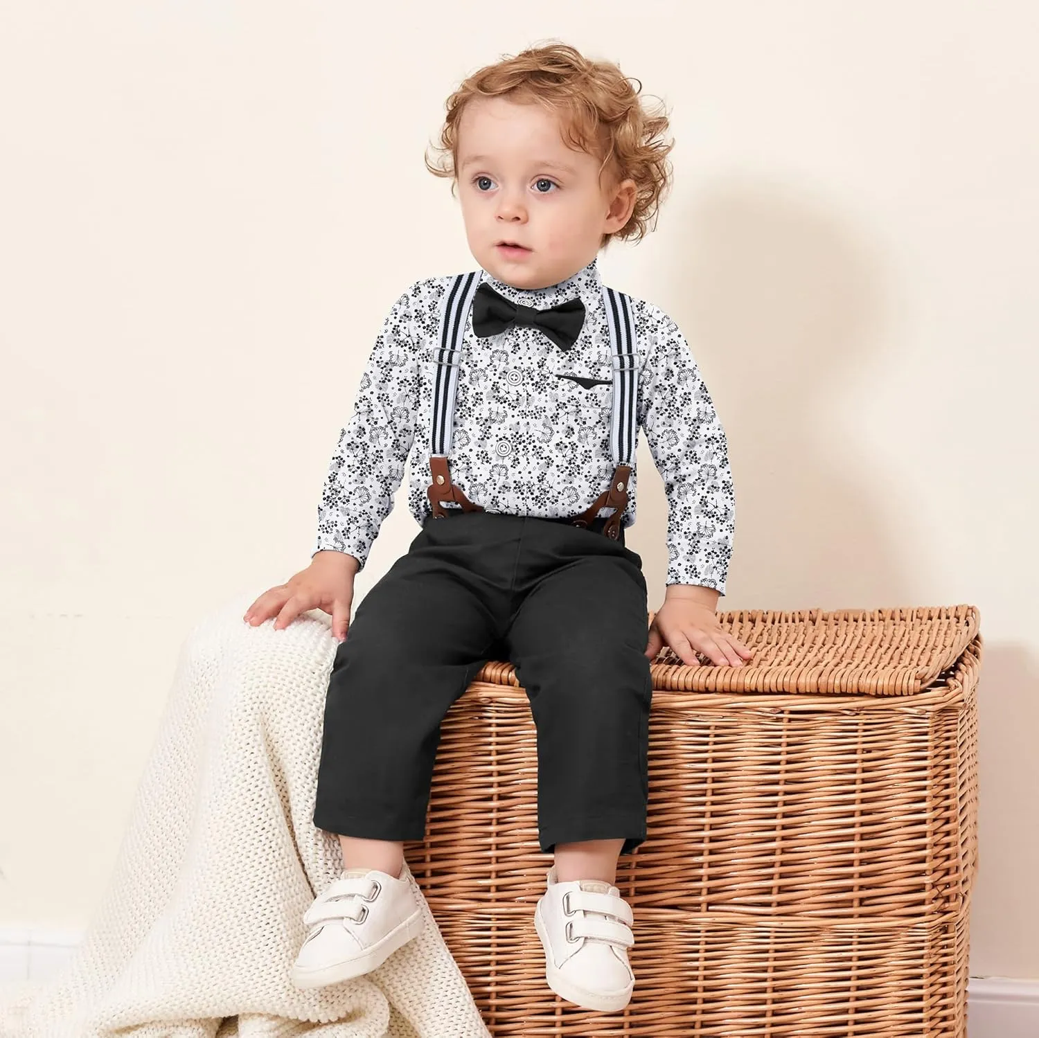 Baby Boy Clothes Suits 0-24M Infant Gentleman Outfit Long Sleeve Dress Shirt Suspender Pants Bowtie Beret Wedding Set