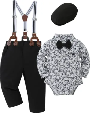 Baby Boy Clothes Suits 0-24M Infant Gentleman Outfit Long Sleeve Dress Shirt Suspender Pants Bowtie Beret Wedding Set