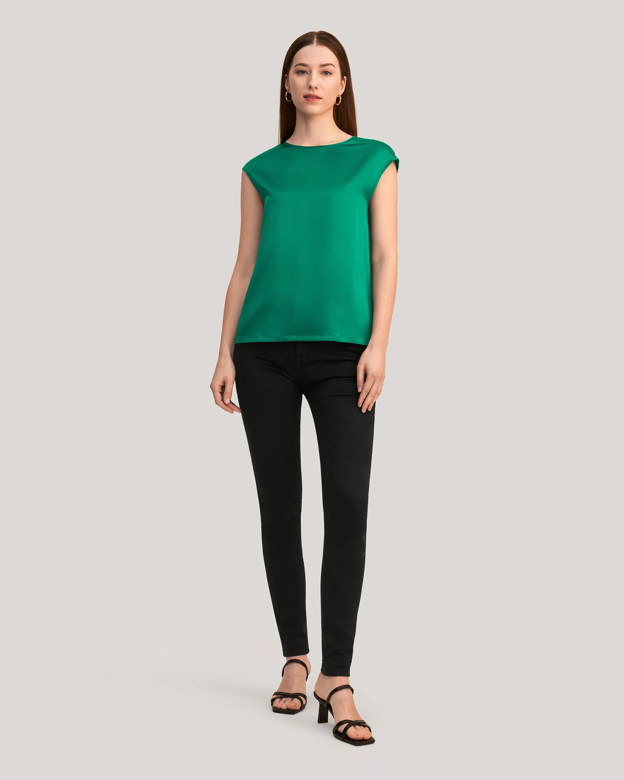 Basic Cap Sleeves Silk Tee For Women