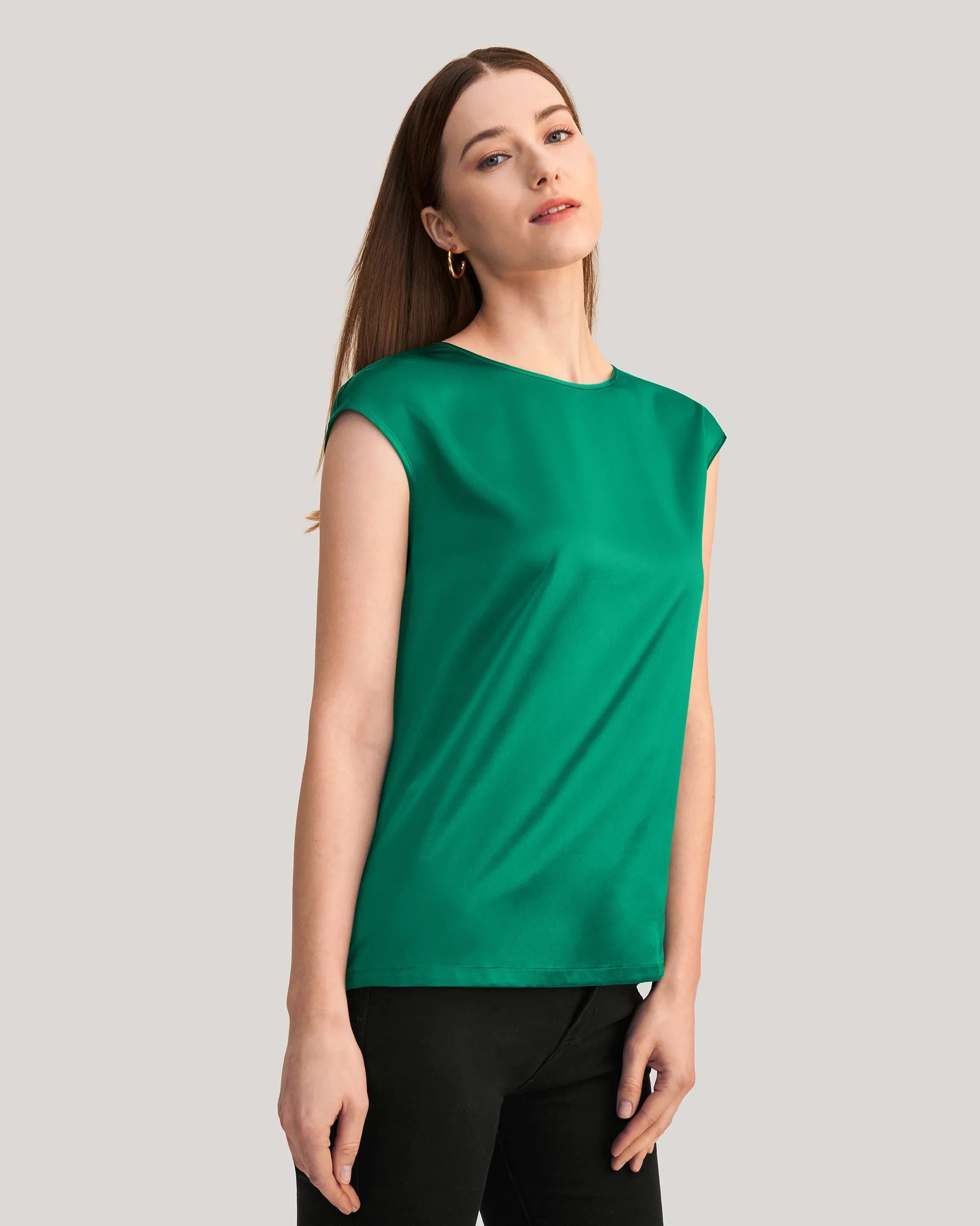 Basic Cap Sleeves Silk Tee For Women