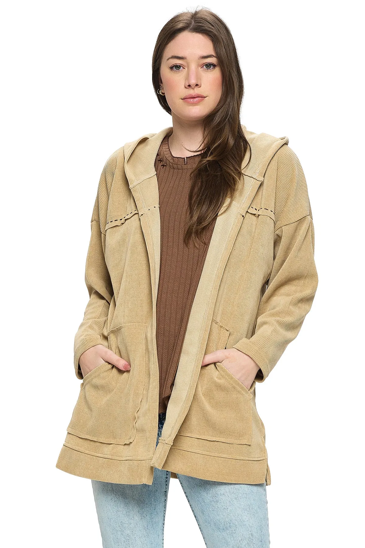 Beige Jacket Oversized Hooded Ribbed Handstitches