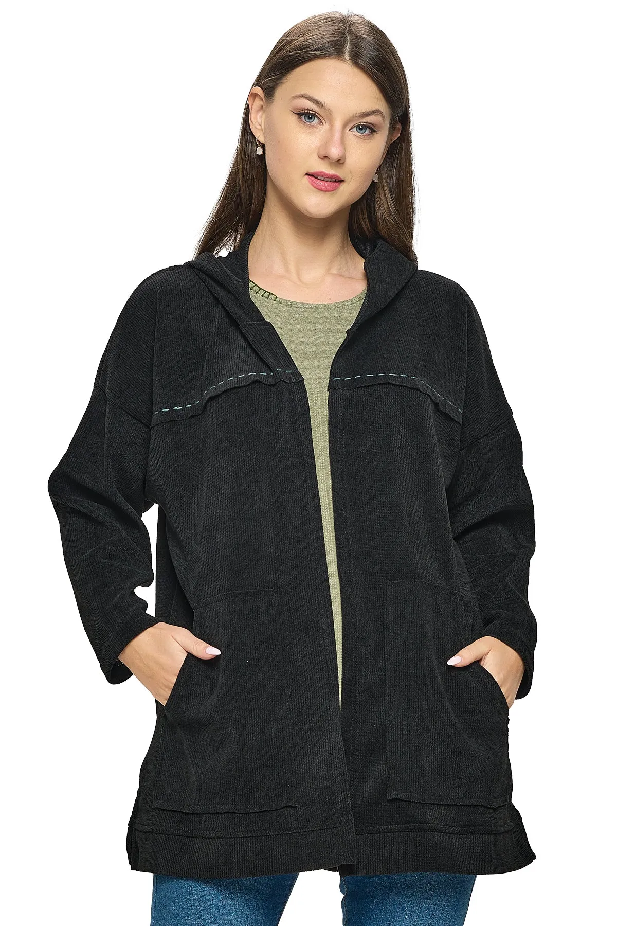 Beige Jacket Oversized Hooded Ribbed Handstitches