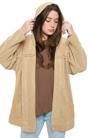 Beige Jacket Oversized Hooded Ribbed Handstitches