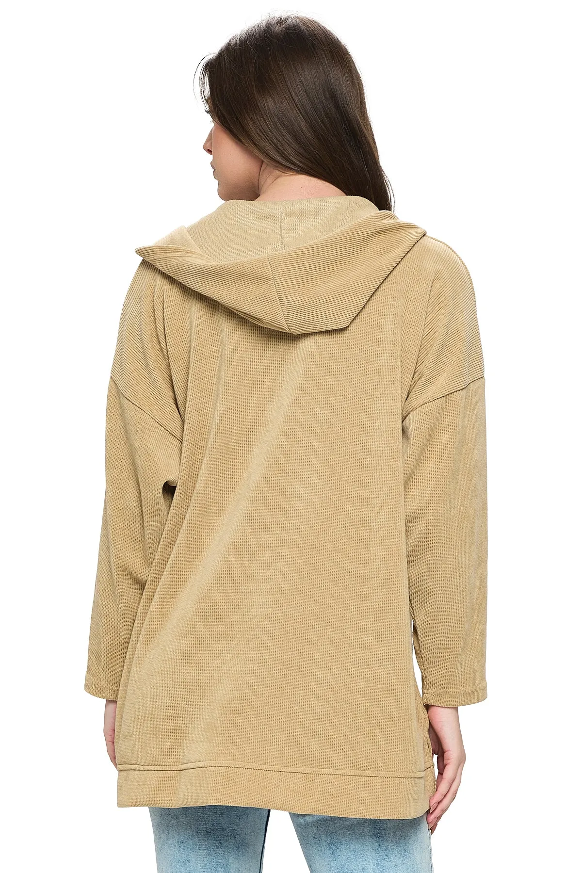 Beige Jacket Oversized Hooded Ribbed Handstitches