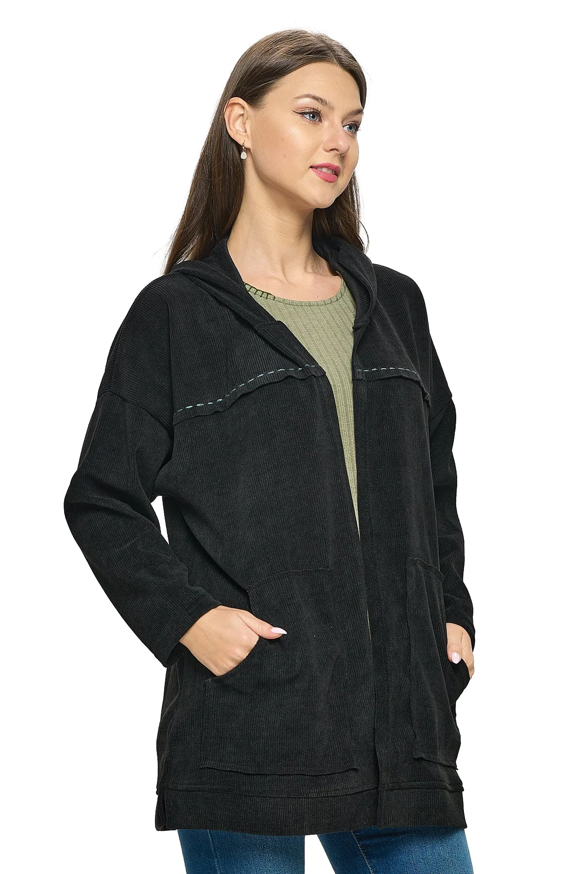 Beige Jacket Oversized Hooded Ribbed Handstitches