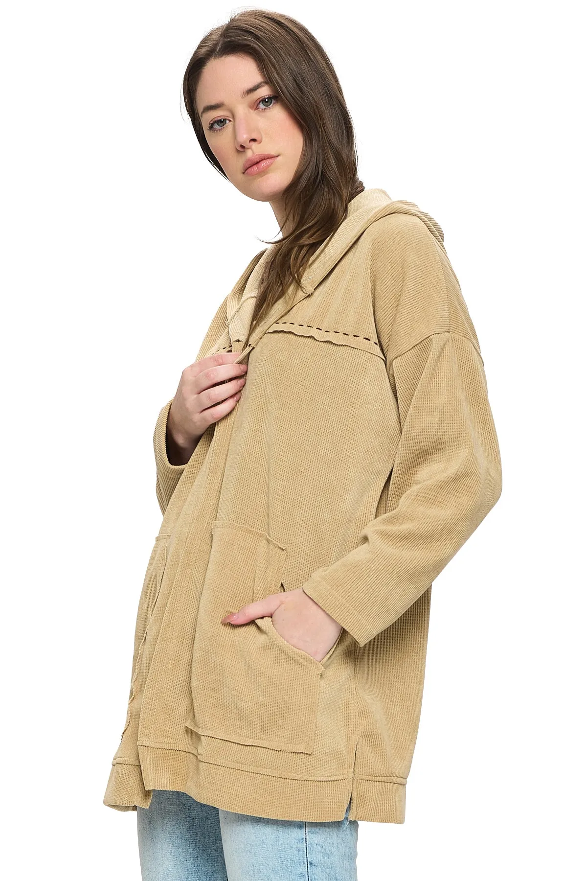 Beige Jacket Oversized Hooded Ribbed Handstitches