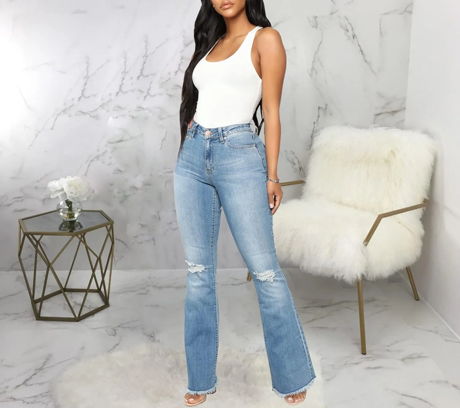 Bell Bottom Jeans for Women Skinny Flared Jeans Elastic High Waisted Vintage 70s Classic Stretchy Wide Leg Denim Pants