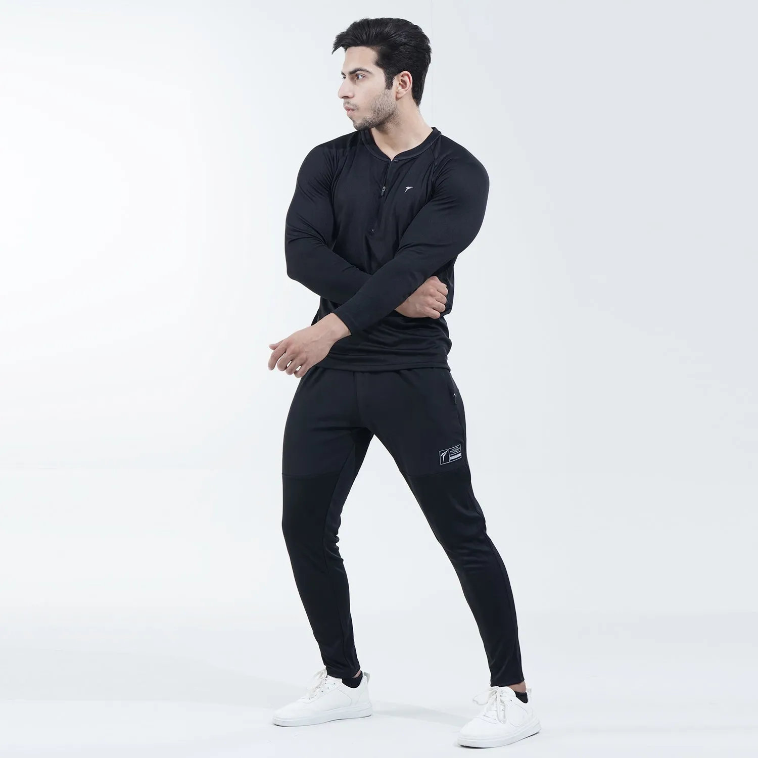 Black Full Sleeve Quarter Zip Mesh Top