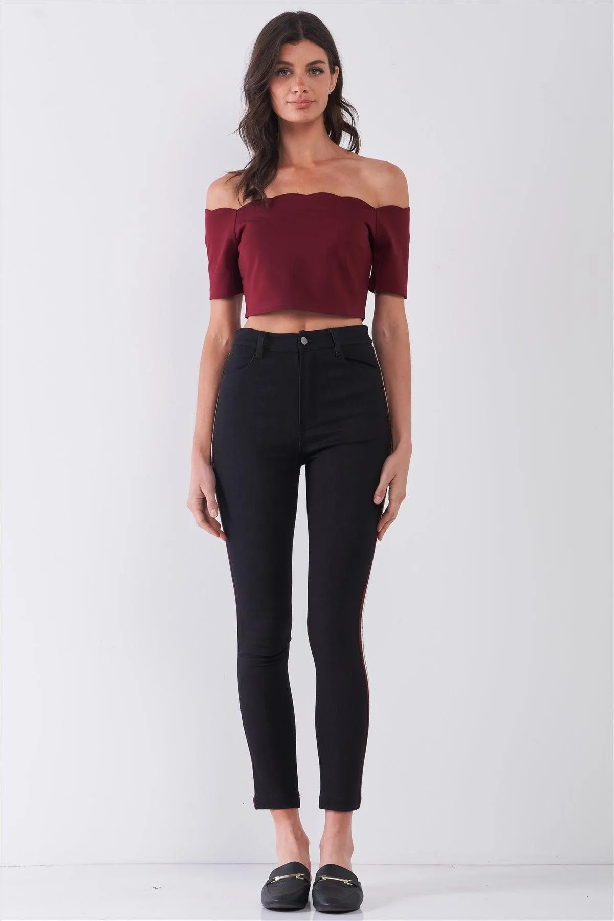 Black Mid-Rise Glitter Multi-Stripe Side Trim Detail Skinny Pants /1-2-2-1