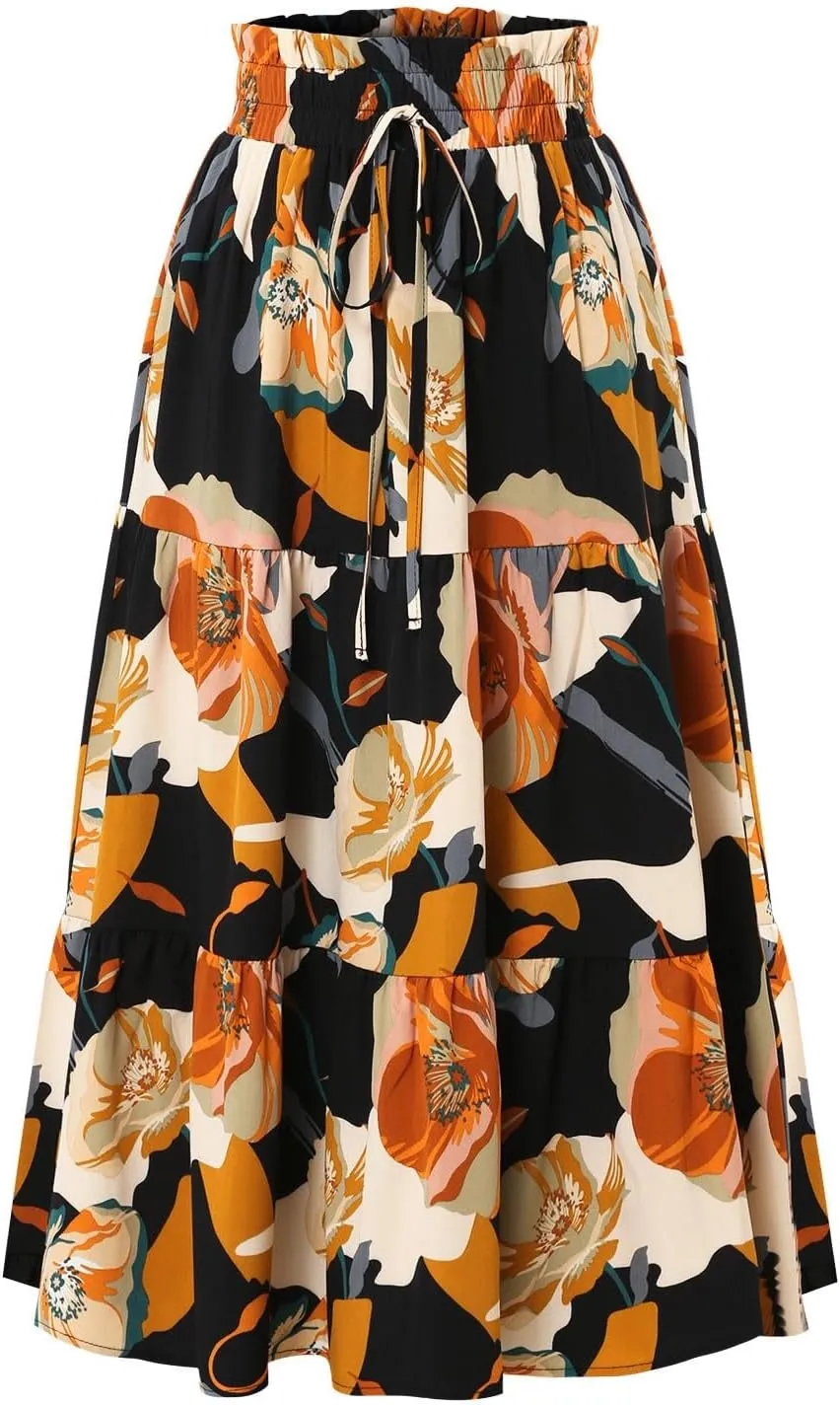 Boho Midi Skirts for Women A Line Pleated Tiered Floral Skirt Flowy Ruffle Hem Skater Skirt Summer Bohemian Clothes
