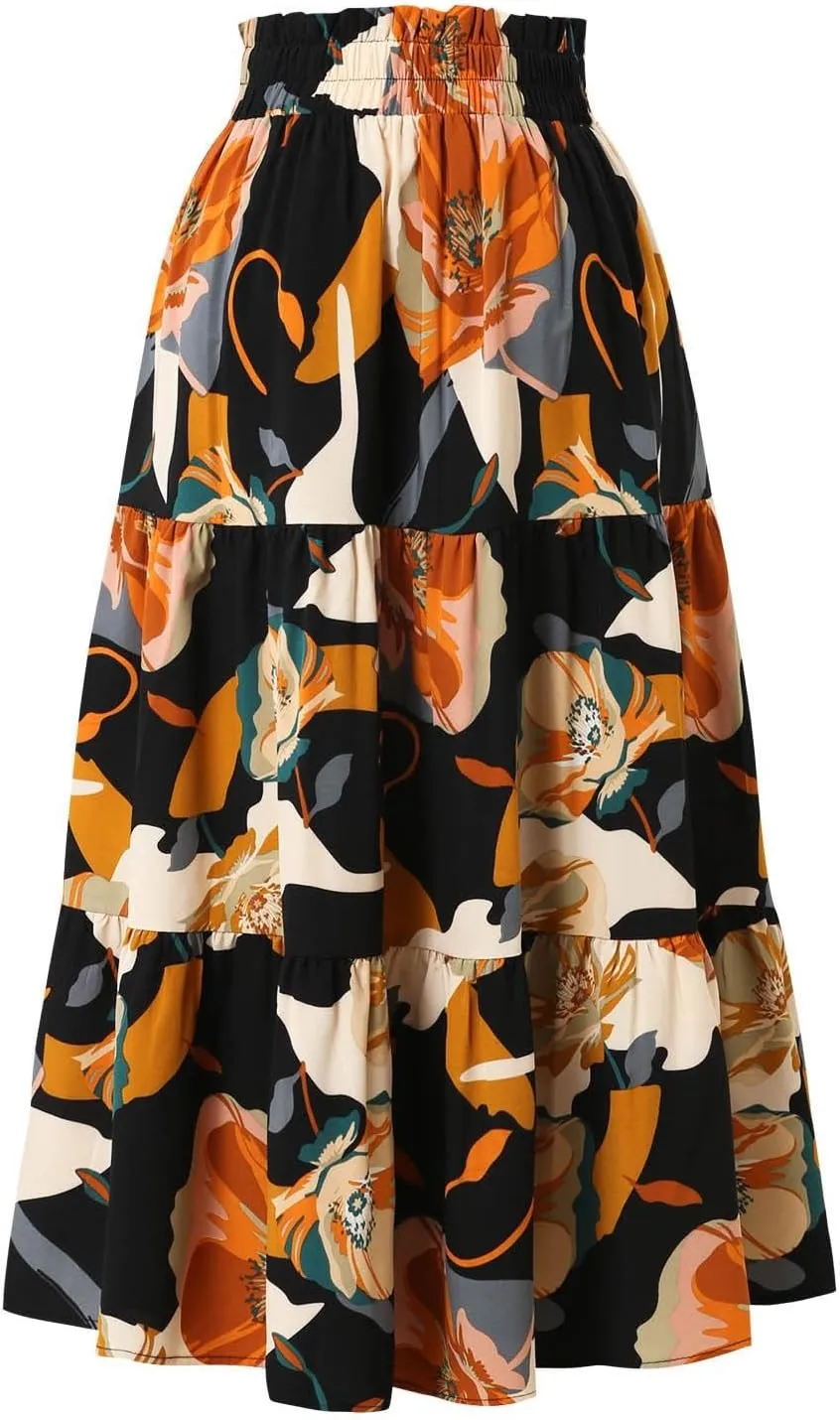 Boho Midi Skirts for Women A Line Pleated Tiered Floral Skirt Flowy Ruffle Hem Skater Skirt Summer Bohemian Clothes