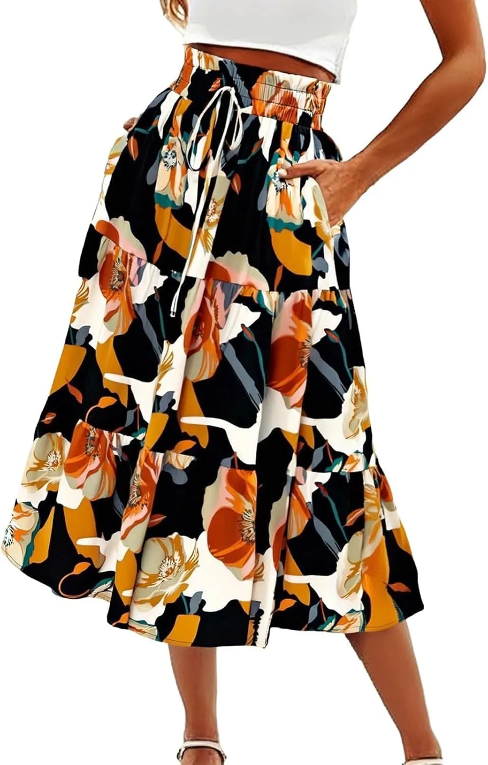 Boho Midi Skirts for Women A Line Pleated Tiered Floral Skirt Flowy Ruffle Hem Skater Skirt Summer Bohemian Clothes