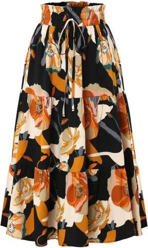 Boho Midi Skirts for Women A Line Pleated Tiered Floral Skirt Flowy Ruffle Hem Skater Skirt Summer Bohemian Clothes
