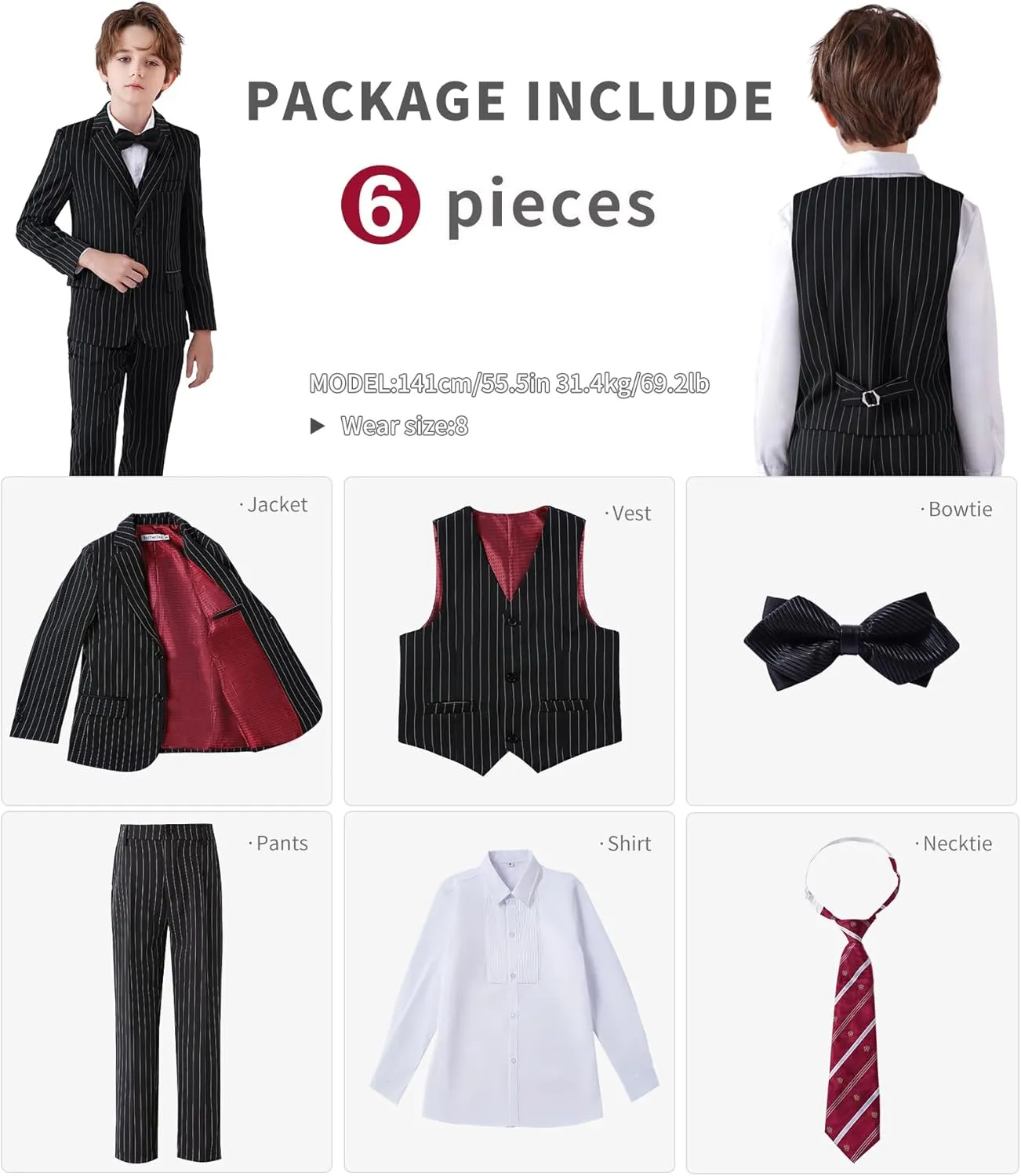Boys Slim Fit Suits Striped Formal 6 Boys Suits Set Toddler Kids Suits Blazer Pants Vest Shirt Tie Bowtie