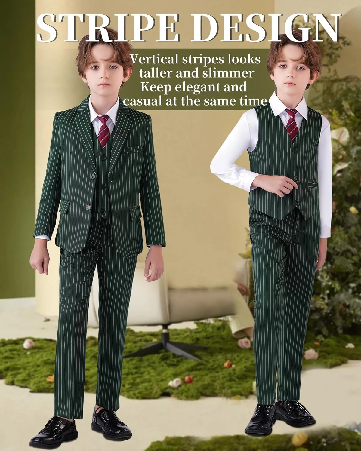 Boys Slim Fit Suits Striped Formal 6 Boys Suits Set Toddler Kids Suits Blazer Pants Vest Shirt Tie Bowtie