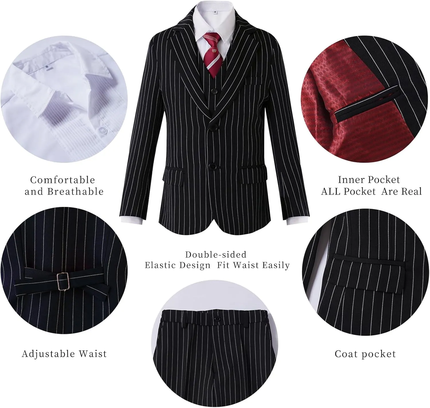 Boys Slim Fit Suits Striped Formal 6 Boys Suits Set Toddler Kids Suits Blazer Pants Vest Shirt Tie Bowtie