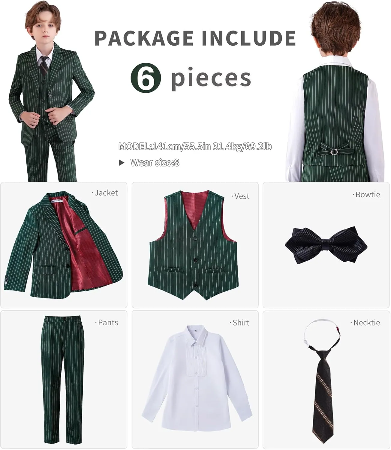 Boys Slim Fit Suits Striped Formal 6 Boys Suits Set Toddler Kids Suits Blazer Pants Vest Shirt Tie Bowtie