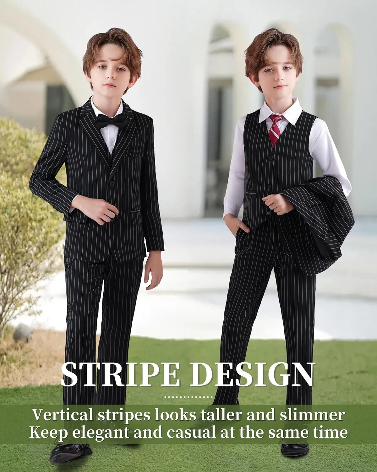 Boys Slim Fit Suits Striped Formal 6 Boys Suits Set Toddler Kids Suits Blazer Pants Vest Shirt Tie Bowtie