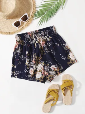 Casual Floral Shirred High Waist Women Shorts