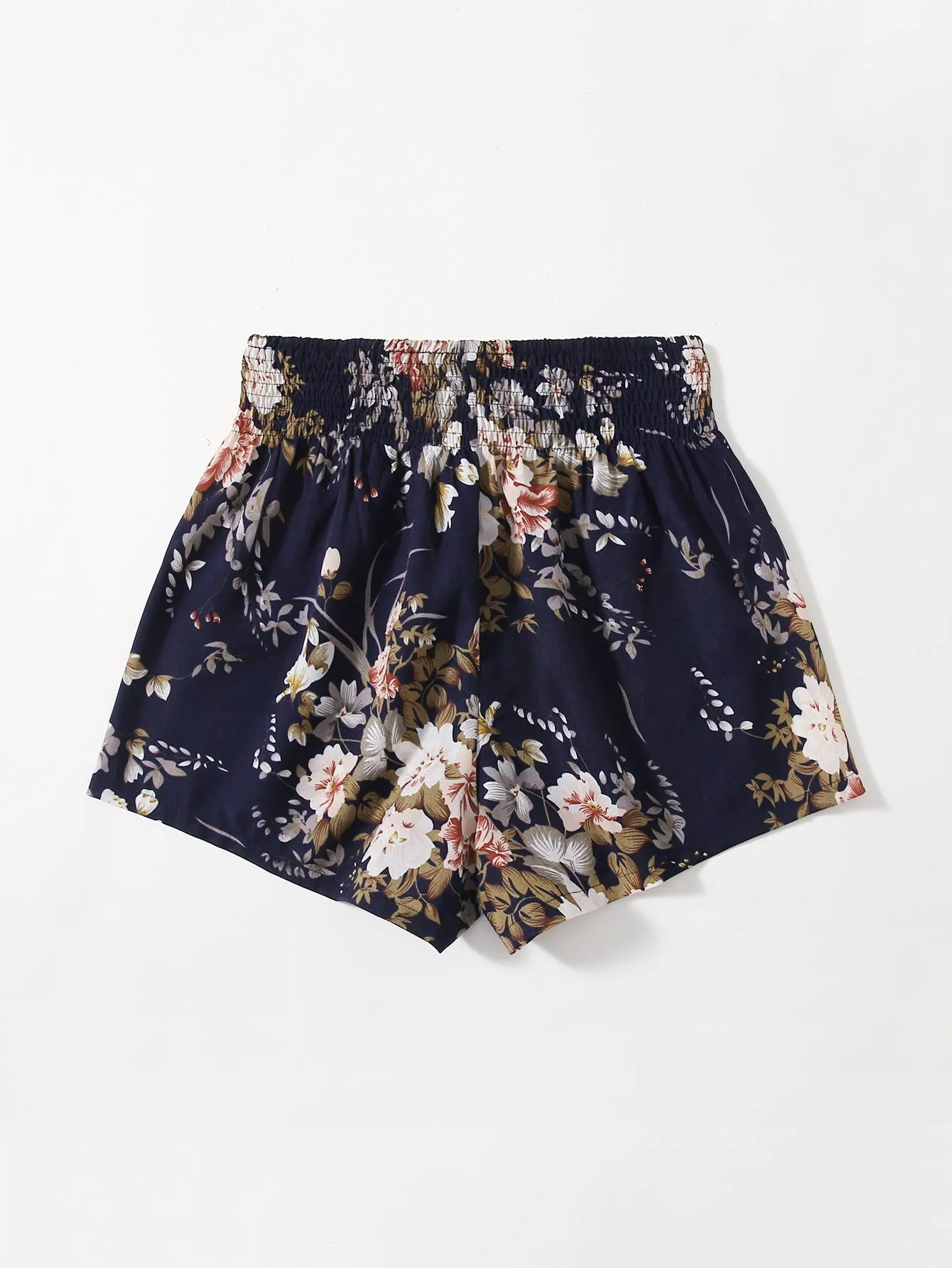 Casual Floral Shirred High Waist Women Shorts