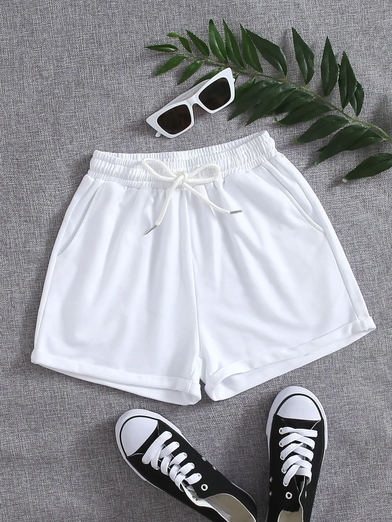 Casual Plain Drawstring High Waist Women Shorts
