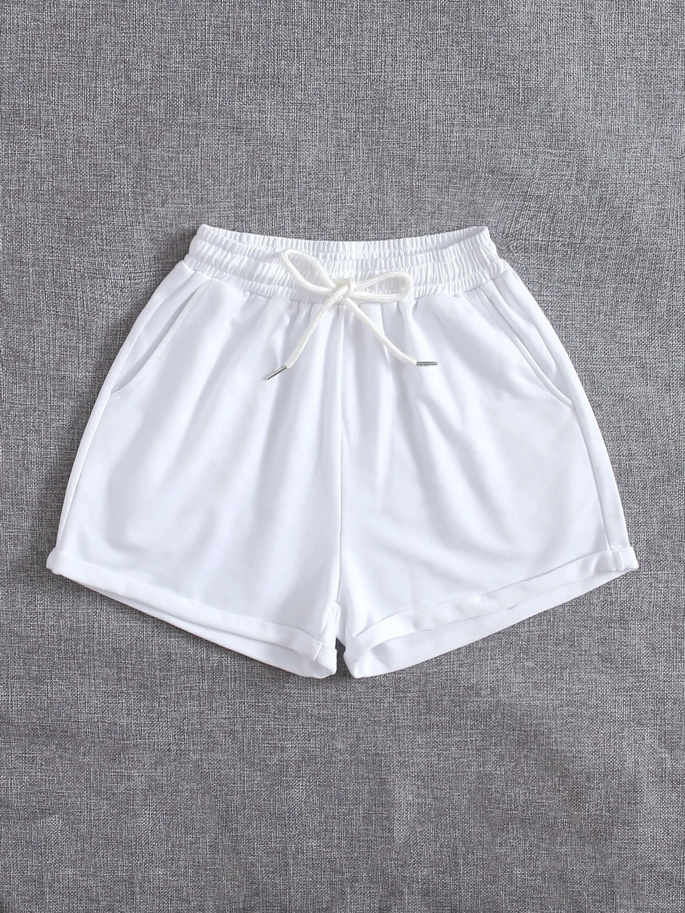 Casual Plain Drawstring High Waist Women Shorts