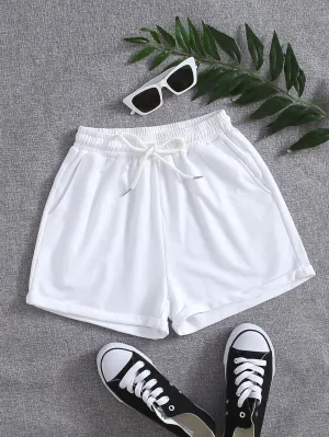 Casual Plain Drawstring High Waist Women Shorts