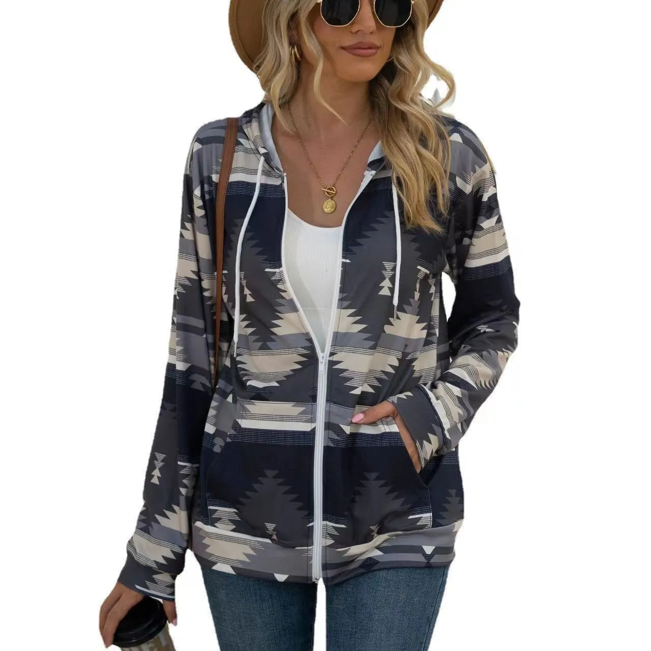Chic Geometric Print Women's Zip-Up Hoodie Jacket - Loose Fit, Sports & Running Sweatshirt with Pocket