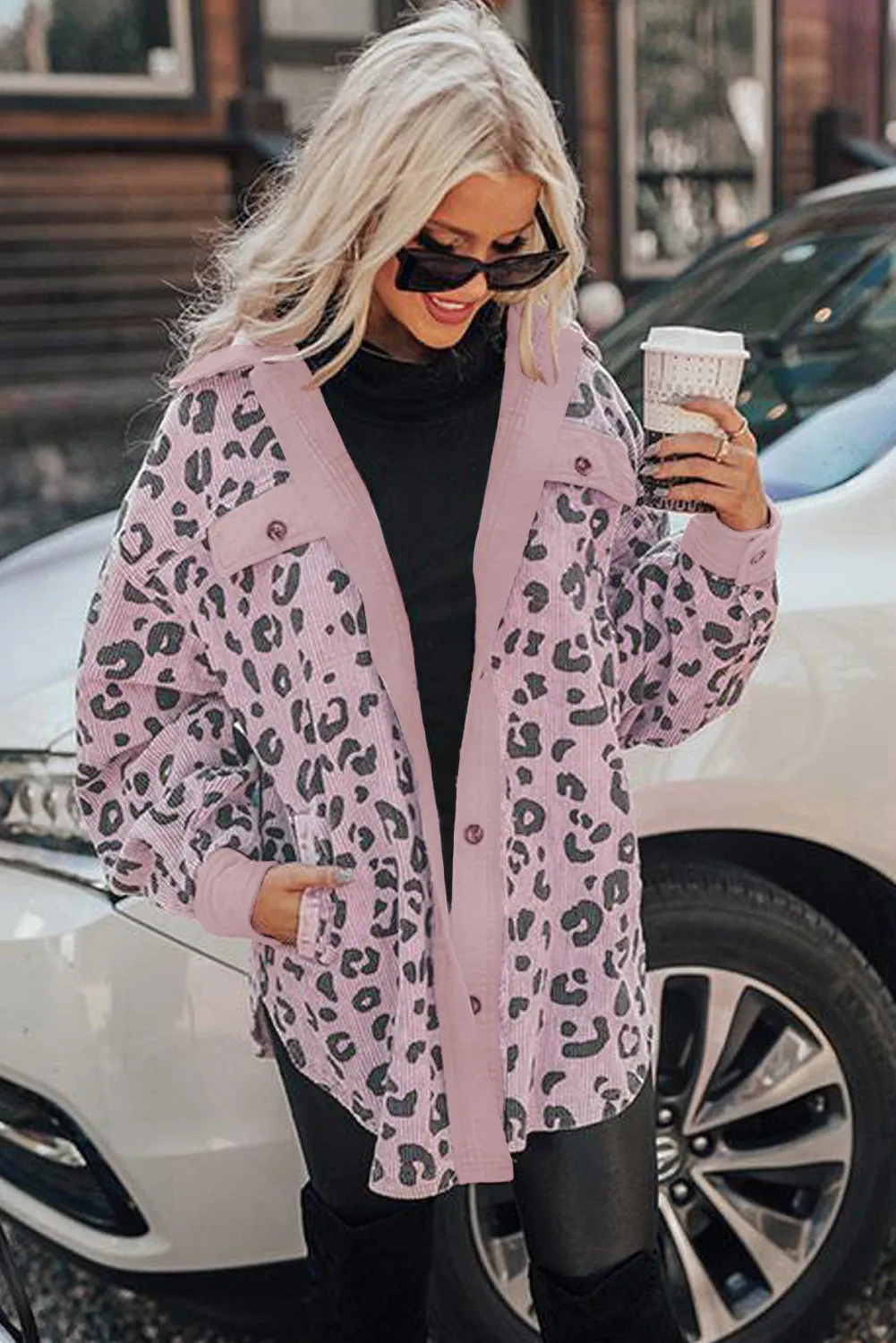 Collared Neckline Flap Pockets Leopard Corduroy Jacket