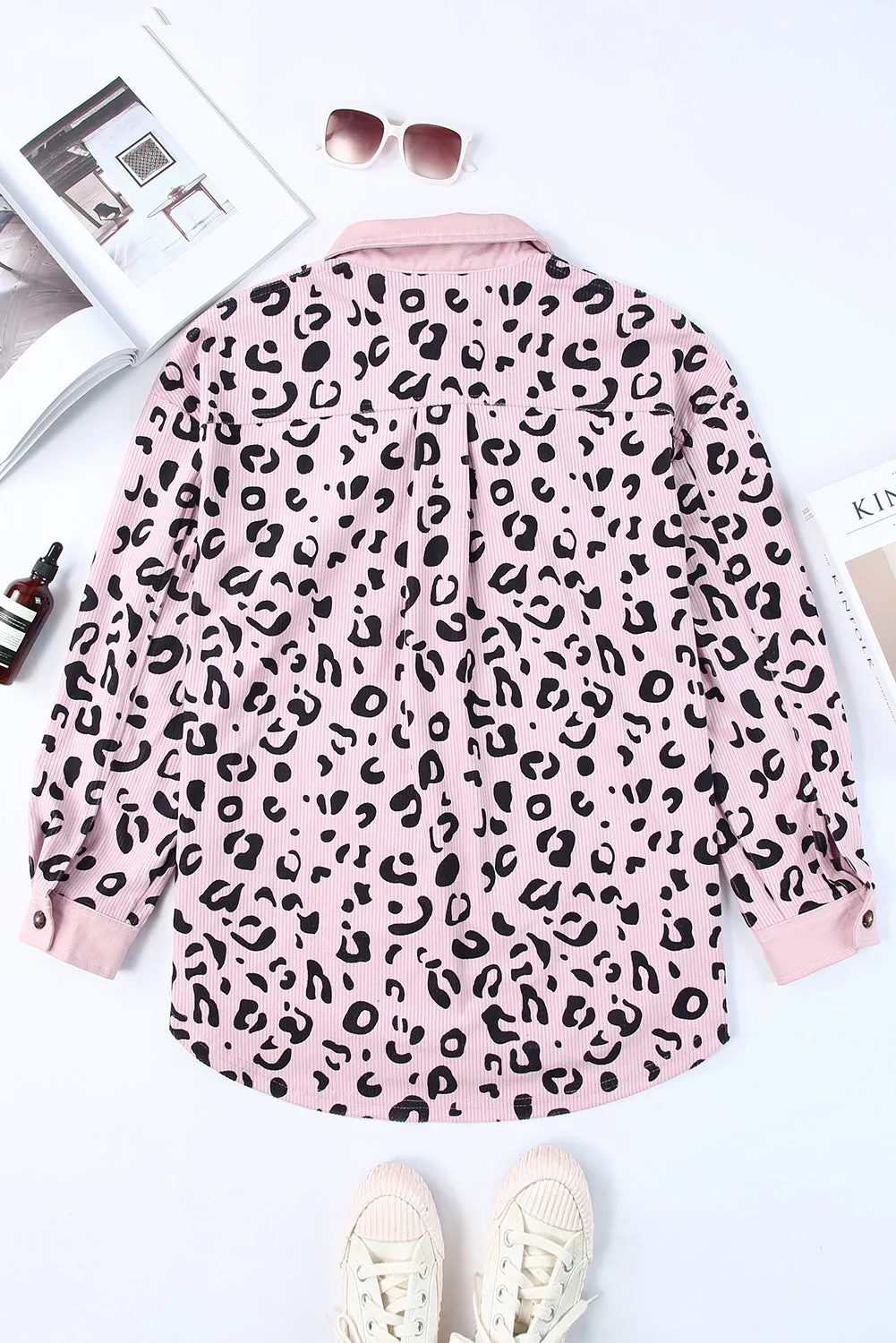Collared Neckline Flap Pockets Leopard Corduroy Jacket
