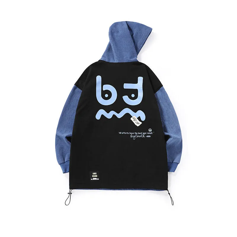 Color contrast patchwork graffiti print hoodie drop cuff stretch rope cotton hoodie
