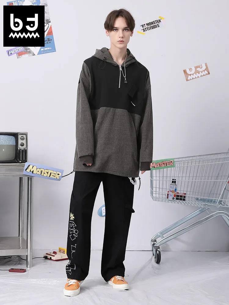 Color contrast patchwork graffiti print hoodie drop cuff stretch rope cotton hoodie
