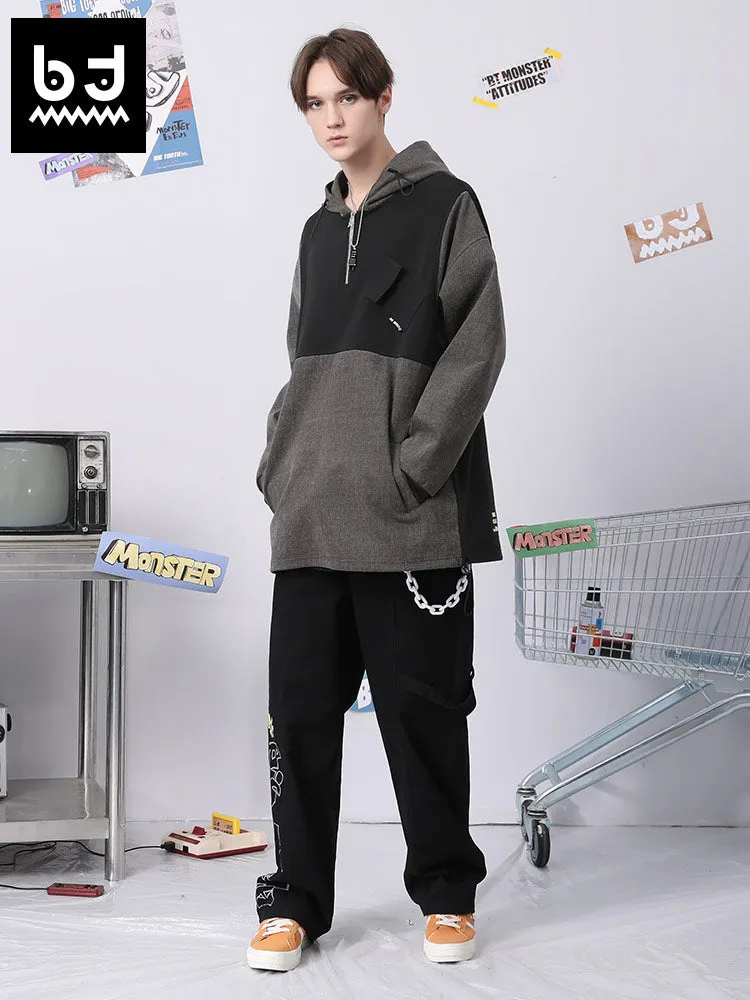 Color contrast patchwork graffiti print hoodie drop cuff stretch rope cotton hoodie