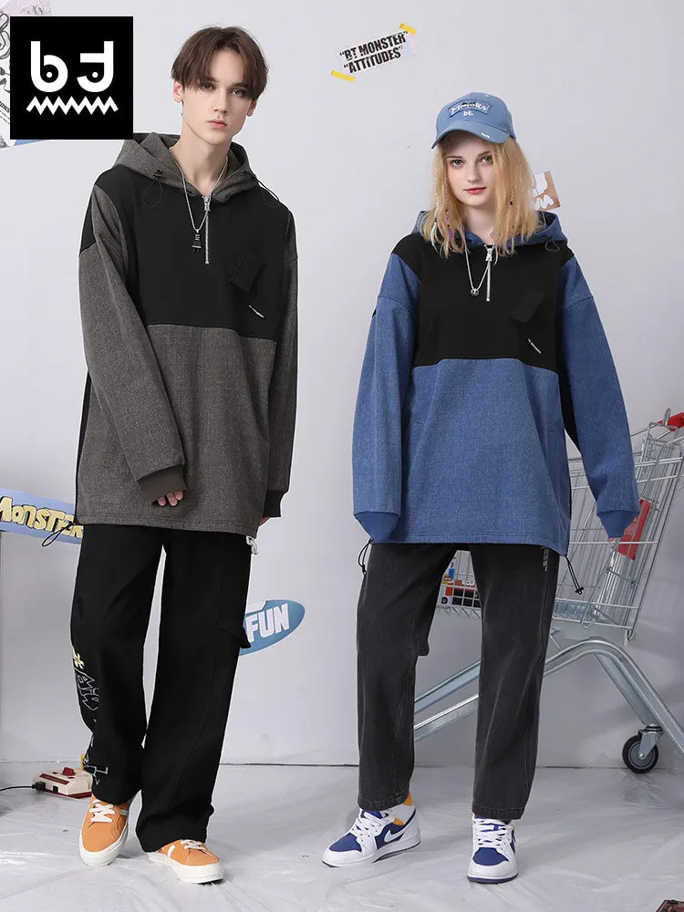 Color contrast patchwork graffiti print hoodie drop cuff stretch rope cotton hoodie