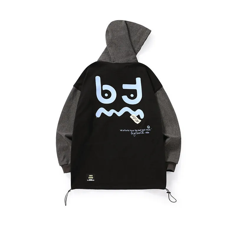 Color contrast patchwork graffiti print hoodie drop cuff stretch rope cotton hoodie