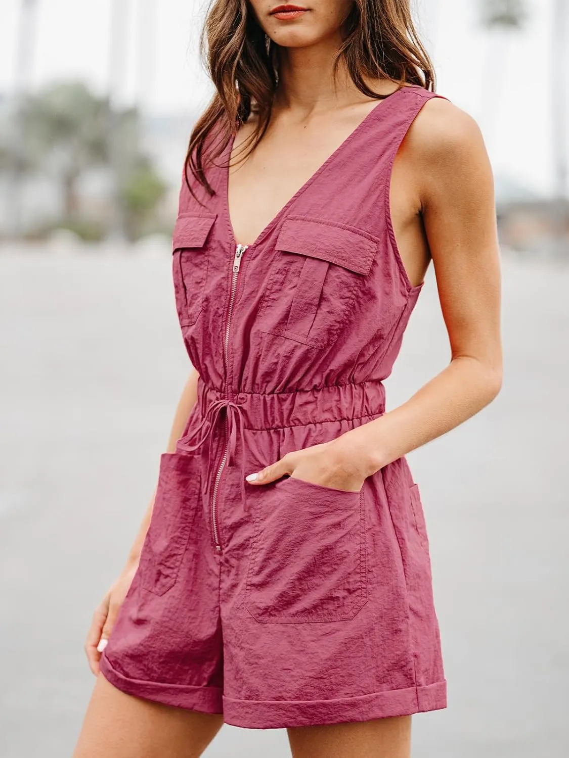 CUPSHE Women's Jumpsuits Front Zip V Neck Romper Sleeveless Wide leg Overall Pockets Outfit Casual Beach