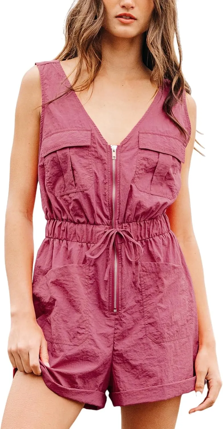 CUPSHE Women's Jumpsuits Front Zip V Neck Romper Sleeveless Wide leg Overall Pockets Outfit Casual Beach