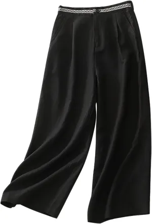 DASAYO Boho Linen Pants Women Trendy High Waisted Cropped Palazzo Pants Ladies Wide Leg Beach Casual Trousers with Pockets