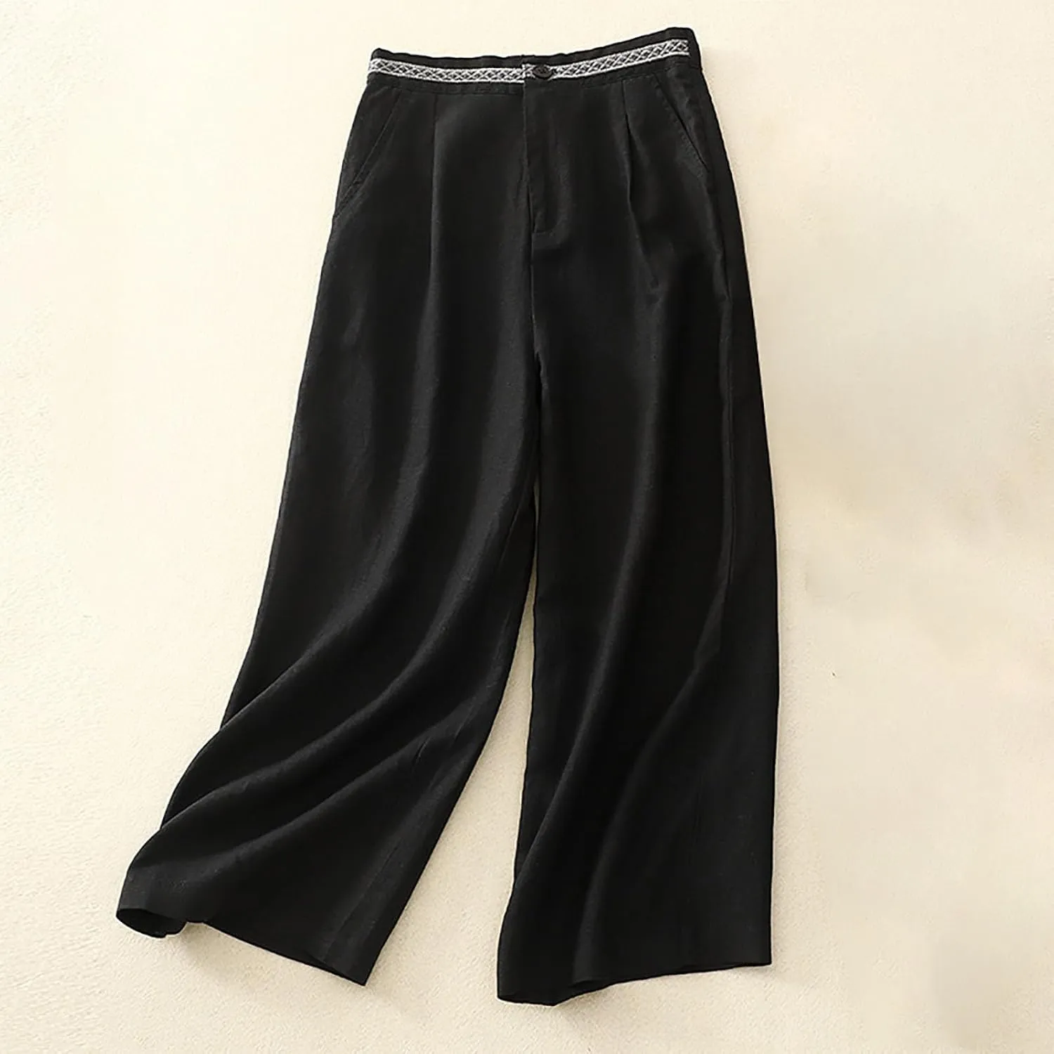 DASAYO Boho Linen Pants Women Trendy High Waisted Cropped Palazzo Pants Ladies Wide Leg Beach Casual Trousers with Pockets