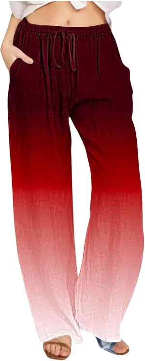 DASAYO Linen Pants for Women Summer Drawstringg Elastic Waist Gradient Palazzo with Pockets Ladies Casual Wide Leg Trousers
