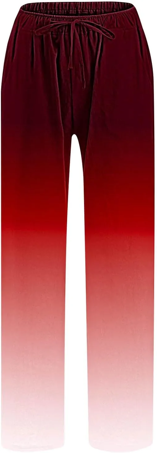 DASAYO Linen Pants for Women Summer Drawstringg Elastic Waist Gradient Palazzo with Pockets Ladies Casual Wide Leg Trousers